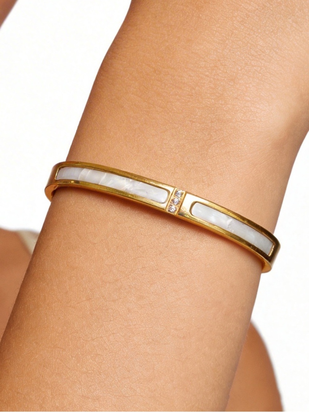 Stainless Steel Gold Bangle Bracelet with White Inlay and Crystal Accents